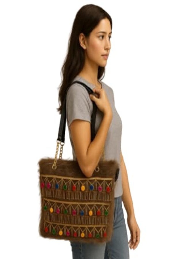 VINNIE Trendy Faux Fur Handbag for Women & Girls - Single Compartment Furry Shoulder Bag with Embroidery Lace & Chain Handles (Brown) - Image 4